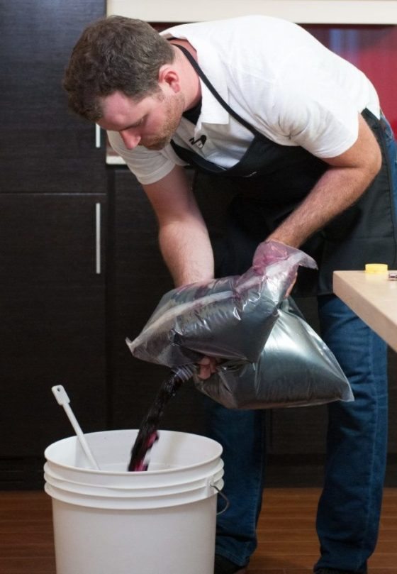 Un vinificateur en tablier verse le jus de raisin rouge d'un sac de la trousse dans un seau de fermentation blanc