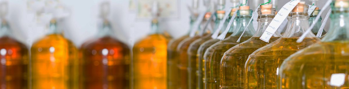 Rangée de bonbonnes de vin en cours de fabrication, chacune identifiée par une étiquette
