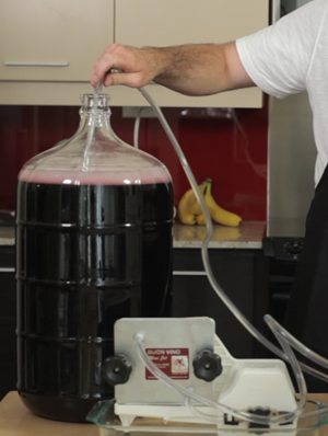 Tourie de vin rouge reliée par des tubes transparents à un filtre à plaques Buon Vino sur un comptoir de cuisine