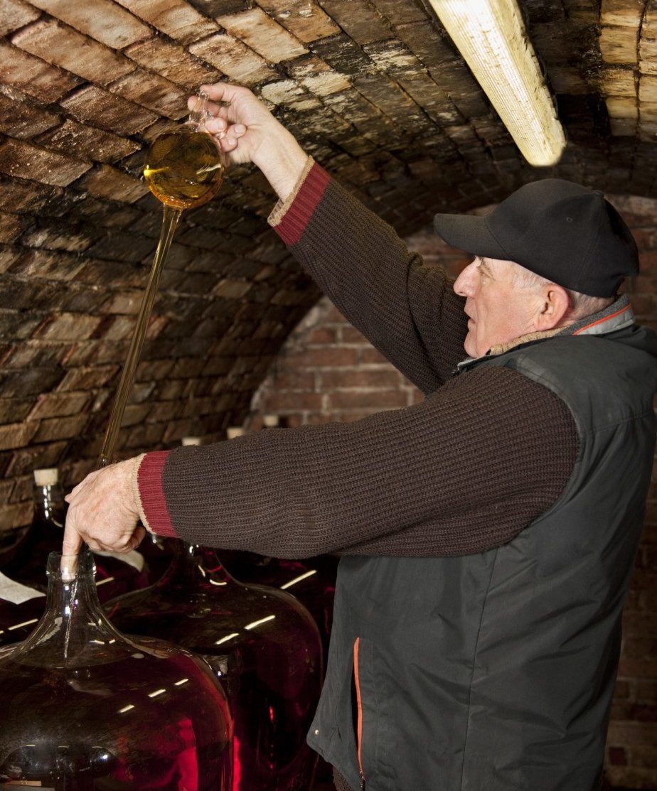 The owner of the winery tasted his wine in the wine cellar. Experienced, senior winemaker sucks white wine from the carboy. Overall a dark environment, shooting with Canon EOS 5D Mark II, selective focus.