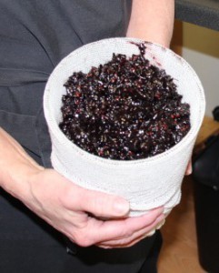 Man holding crushed grape skins