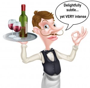 A cartoon waiter holding a silver tray with a bottle of wine and wine glasses full of wine on it doing a perfect hand sign
